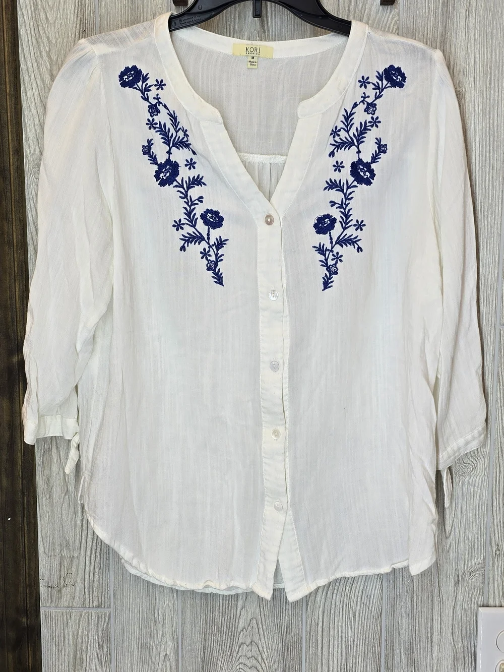 Kori White Button-Front Shirt with Navy Floral Embroidery